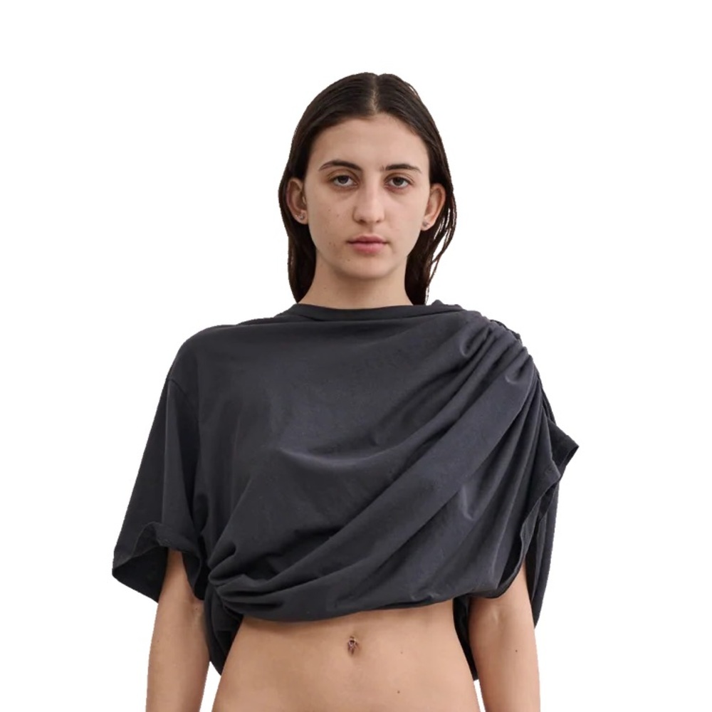Collina Strada Eva Asymmetrical Draped Crop Tee Shirt - Worn Black